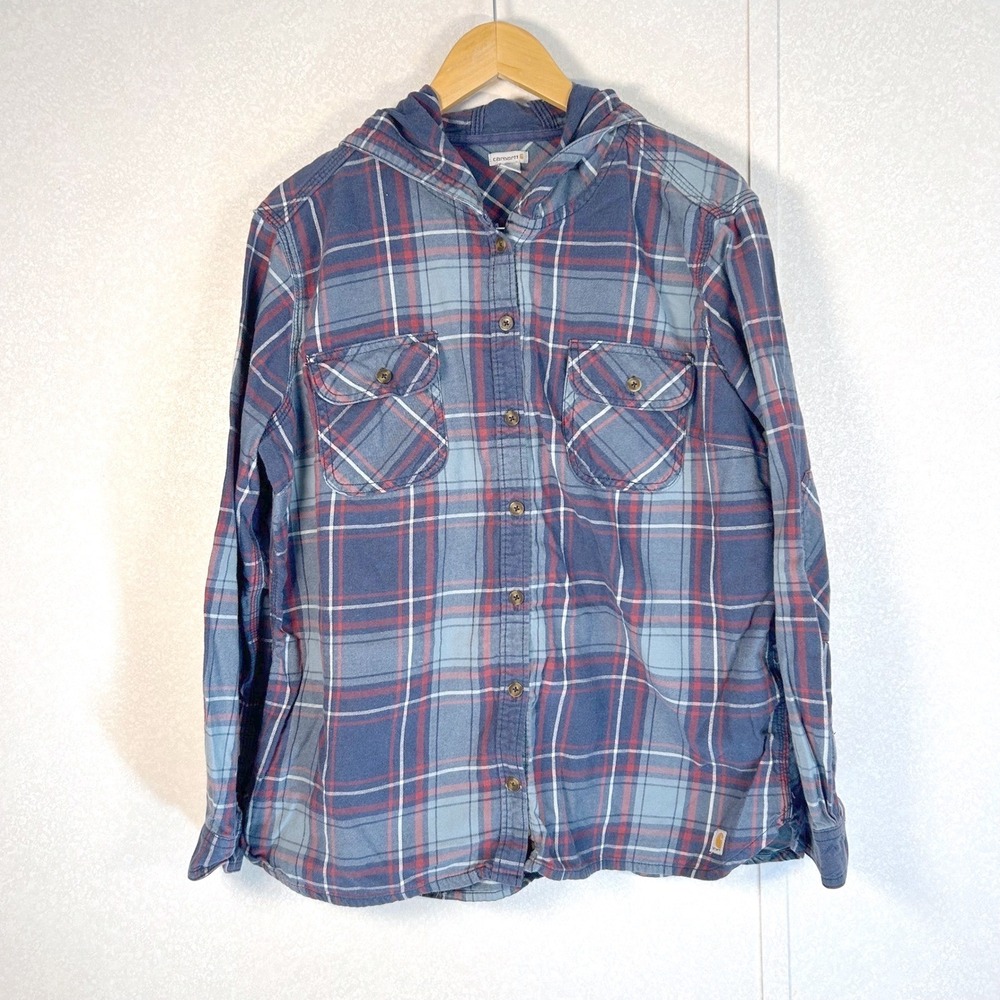 Boy's XL 16/18 Carhartt plaid cotton button down light weight long sleeve hoodie